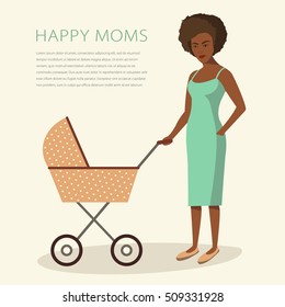 Young african american woman walking with her newborn child in an old fashioned beige pram. Modern flat style vector illustration isolated on light background.