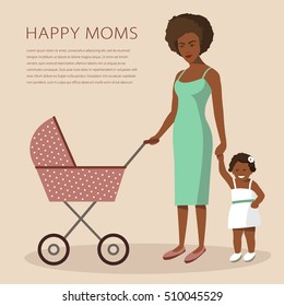 Young African American Woman Walking With Her Newborn Child In A Pram And With Her Little Daughter. Modern Flat Style Vector Illustration Isolated On Beige Background