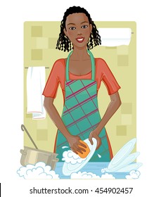 Young African American woman washing dishes, vector image, eps10