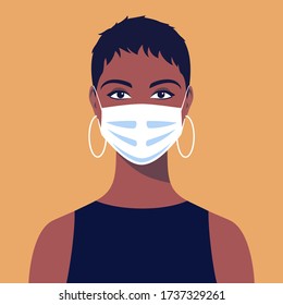 Young african american woman wears medical mask. Virus and disease prevention. Concept of coronavirus 2019-nCoV quarantine. Avatar female portrait, full face. Stock vector illustration in flat style.