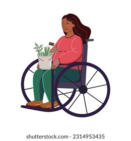 Joven afroamericana en silla de ruedas con un cubo de plantas en el regazo.  Ilustración de vectores planos de jardinería. Igualdad, tolerancia, inclusión.