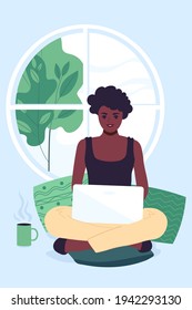 A Young African American Woman Works At Home Using A Laptop. Spring Or Summer Outside The Window. Flat Vector Illustration