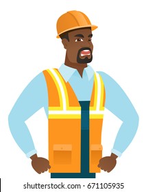 Young african angry builder screaming. Angry builder clenching fists. Angry builder in hard hat shouting with raised fists. Vector flat design illustration isolated on white background.