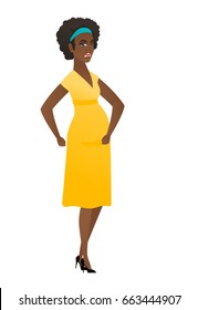 Young african angry pregnant woman screaming. Full length of angry pregnant woman clenching fists. Angry woman shouting with raised fists. Vector flat design illustration isolated on white background.