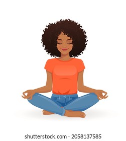 Young african beautiful woman practicing yoga sitting in lotus pose with crossed legs isolated vector illustration