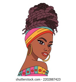 Young African black girl in a colorful turban withtraditional hairstyle coloring illustration