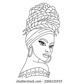 Young African black girl in a colorful turban with traditional hairstyle coloring page outline illustration