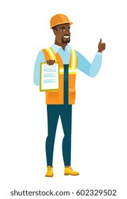 Young african builder holding clipboard and giving thumb up. Full length of builder with clipboard. Builder in hard hat showing clipboard. Vector flat design illustration isolated on white background.