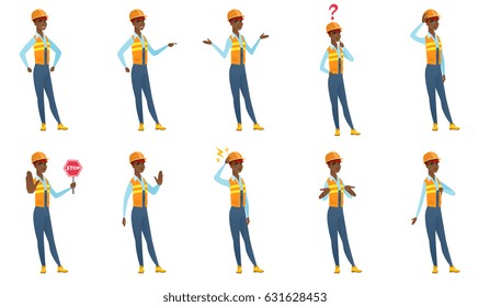 Young african builder showing stop road sign. Full length of builder holding stop road sign. Serious builder with stop road sign. Set of vector flat design illustrations isolated on white background.