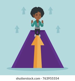 Young African Business Woman Doing Yoga On The Top Of The Mountain With Arrow Going Up. Peaceful Woman Meditating In Yoga Lotus Pose On The Growth Chart. Vector Cartoon Illustration. Square Layout.