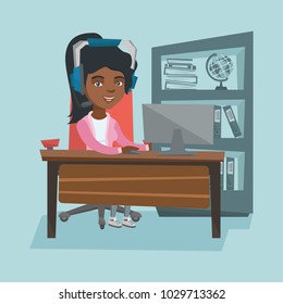 Young african business woman in headset during video conference in the office. Business woman wearing headset and working on a computer in the office. Vector cartoon illustration. Square layout.