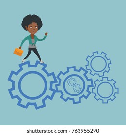 Young african business woman running on cogwheels. Business woman running to success. Business woman running in a hurry. Concept of moving to success. Vector cartoon illustration. Square layout.