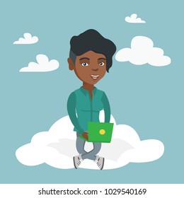 Young african business woman sitting on the cloud and working on a laptop. Business woman using cloud computing technologies. Concept of cloud computing. Vector cartoon illustration. Square layout.