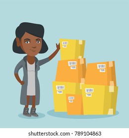 Young african business woman working in the warehouse. Business woman checking boxes in the warehouse. Woman preparing goods for dispatch in the warehouse. Vector cartoon illustration. Square layout