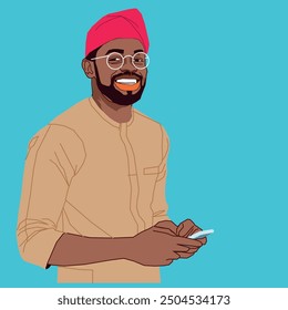 A Young African businessman in native attire with a cell phone and wearing white glasses with a red cap 