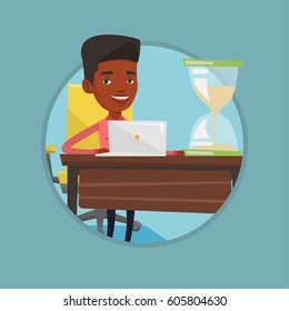 Young african businessman sitting at the table with hourglass symbolizing deadline. Businessman coping with deadline successfully. Vector flat design illustration in the circle isolated on background.