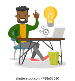 Young african businessman sitting at workplace with bright ligh bulb and pointing finger up because he came up with successful business idea. Vector cartoon illustration isolated on white background.