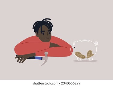 A young African character deliberating whether breaking a piggy bank is necessary to fulfill their financial plans