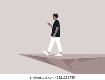 A young African character distracted by a smartphone striding to an abyss, nomophobia, millennial lifestyle
