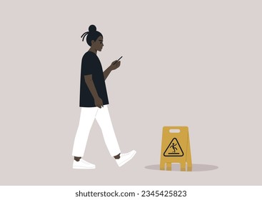 Young African character distracted by their smartphone ignoring a yellow wet floor caution sign on their way