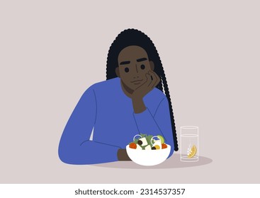 A young African character eating a vegan salad, lunch break concept