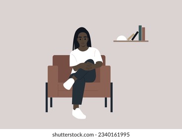A young African character resting in a leather armchair, a relaxed confident pose with two hands holding a knee