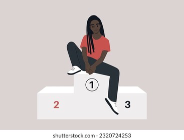 A young African character sitting on a winner podium, first place concept