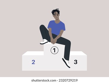 A young African character sitting on a winner podium, first place concept