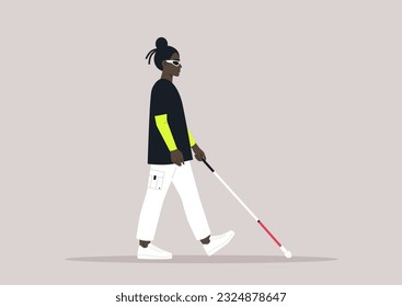 Young African character using a white cane, a visually impaired person walking outdoor