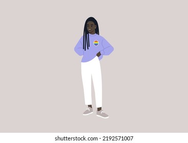 A young African character wearing a rainbow pin on their sweater, LGBTQ community