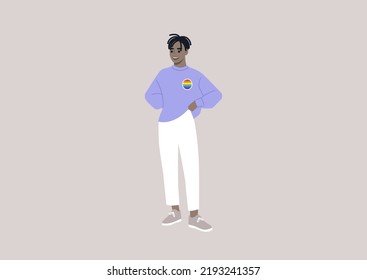 A young African character wearing a rainbow pin on their sweater, LGBTQ community