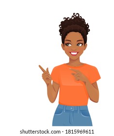 Young african cheerful woman in casual style clothes pointing away isolated vector illustration