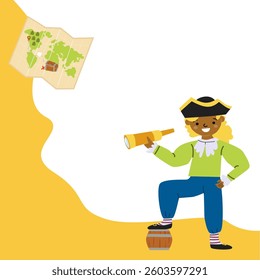 Young african child pirate with telescope and treasure map adventure.