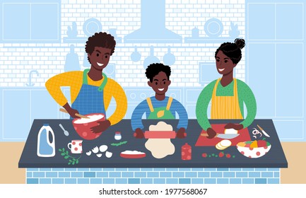 Young african couple with kid making food together. Father, mother and son preparing a meal in the kitchen. Parents teaching child to cook. Flat style illustration