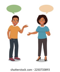 Young African couples woman and man talking to each others having conversation with speech bubbles