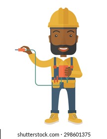 A young african electrician holding a power cable plug. A Contemporary style. Vector flat design illustration isolated white background. Vertical layout.