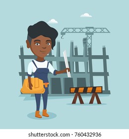 Young african engineer standing at construction site with blueprint. Engineer holding hard hat and twisted blueprint. Engineer checking construction works. Vector cartoon illustration. Square layout