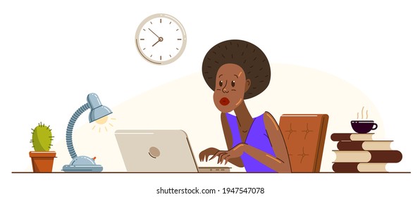 Young African ethnicity woman alarmed in problem working on a project in stress vector flat illustration isolated, urgent panic deadline job in office or home, solving problem.