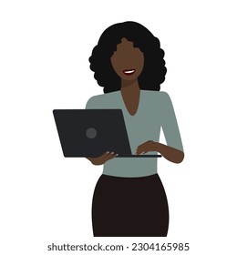 Young african faceless woman using laptop computer. Standing with smile. Vector illustration. Business, student, freelance