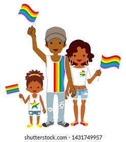 Young african family holding rainbow flags - LGBT parade concept art