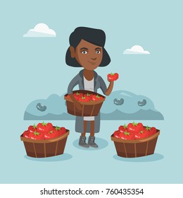 Young african farmer holding basket with tomatoes and showing ripe red tomato on the background of field with bushes of tomatoes. Farmer collecting tomatoes. Vector cartoon illustration. Square layout
