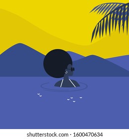 Young african female character swimming in the sea, holidays in a tropical climate, lifestyle