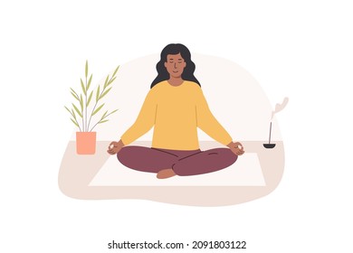 Young african female with crossed legs and closed eyes meditating indoors and performing yoga breathing exercise. Women practicing Pranayama and meditation. Flat vector illustration.