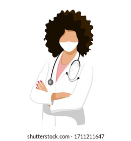 Young African female doctor. Woman wearing a lab coat stands with crossed arms. Flat vector illustration.