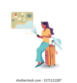 Young African Female Traveler Sitting on Suitcase and using Map in App to Navigate and Find Location of Hotel. Woman with smartphone and luggage using GPS service. Flat Vector Illustration.