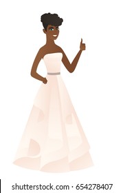 Young african fiancee in a white dress giving thumb up. Full length of smiling fiancee with thumb up. Cheerful fiancee showing thumb up. Vector flat design illustration isolated on white background.