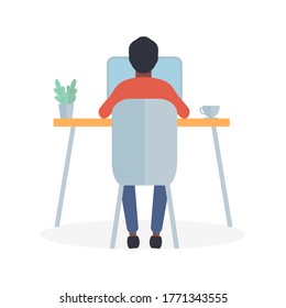 Young african freelancer man working on laptop at home in quarantine. Work at home or coworking space concept. Boy sitting on chair at a table and earning money online. Vector flat illustration isolated.