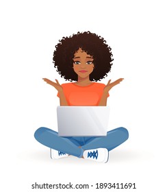 Young African Frustrated Woman Using Laptop Computer Sitting With Crossed Legs Isolated Vector Illustration