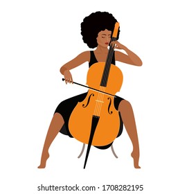 A young African girl in a black dress with an Afro hairstyle sits barefoot on a chair and plays the cello. Vector stock flat illustration isolated on a white background.