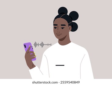 A young African girl listens intently to a voice message on her smartphone, embodying the blend of tradition and modern communication while showcasing her serene expression